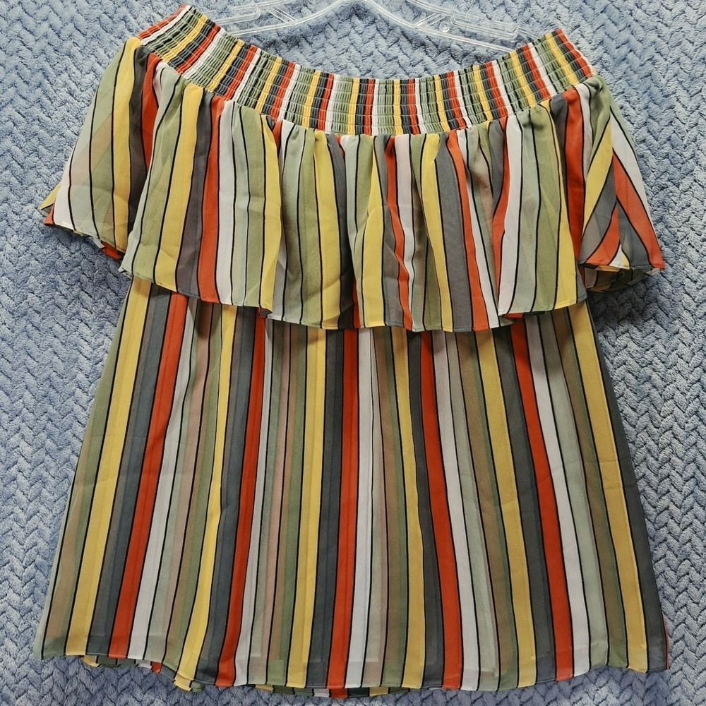 Cabi 5389 Multi Color Striped Off The Shoulder Ruffle Blouse Medium